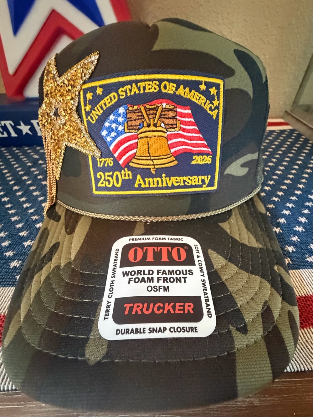 OTTO Custom Camo Trucker Hat with Gold Sequin Star and 250th Anniversary Patch